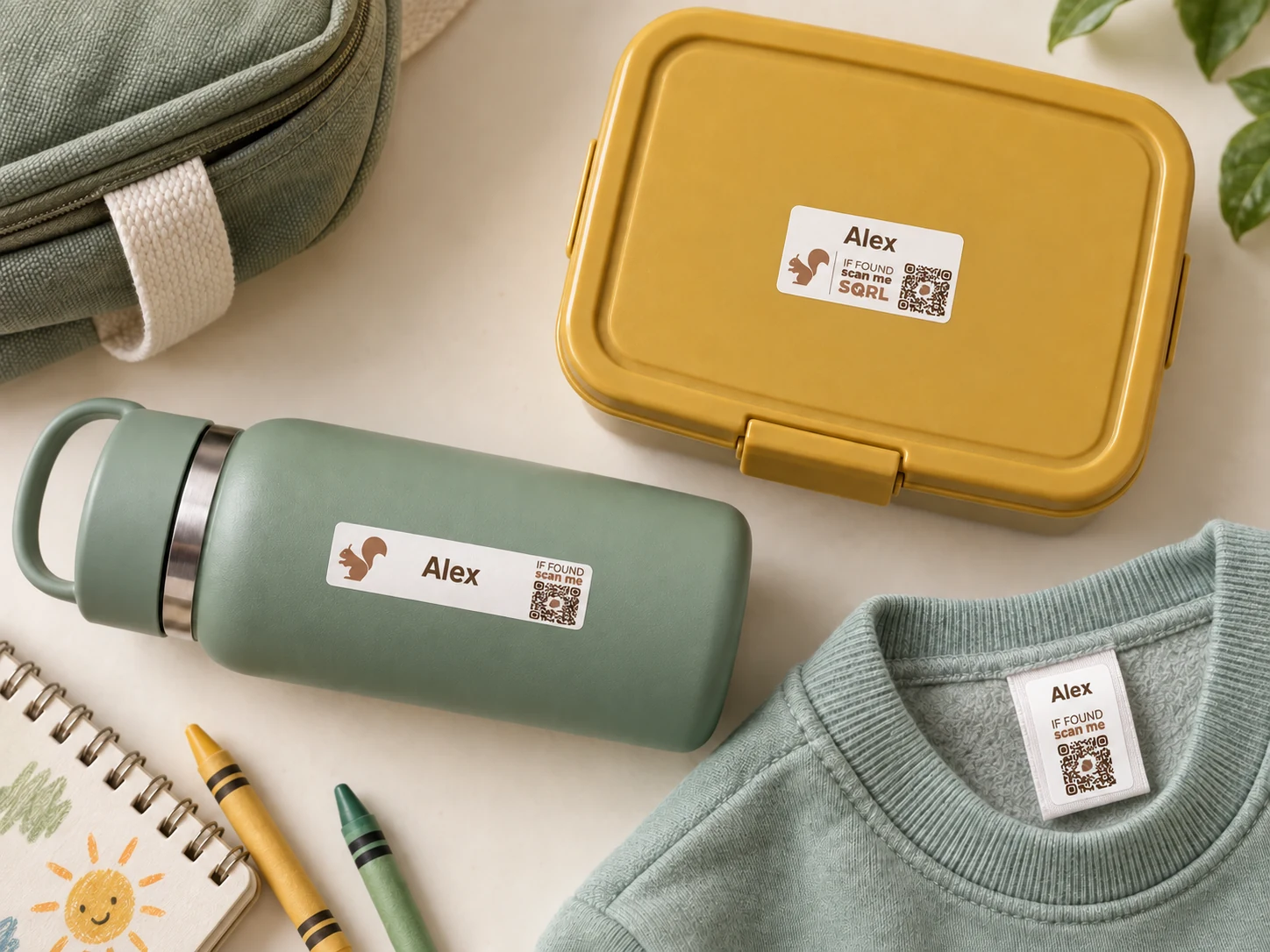 Personalized SQRL labels on a water bottle, lunch box, and sweatshirt care tag