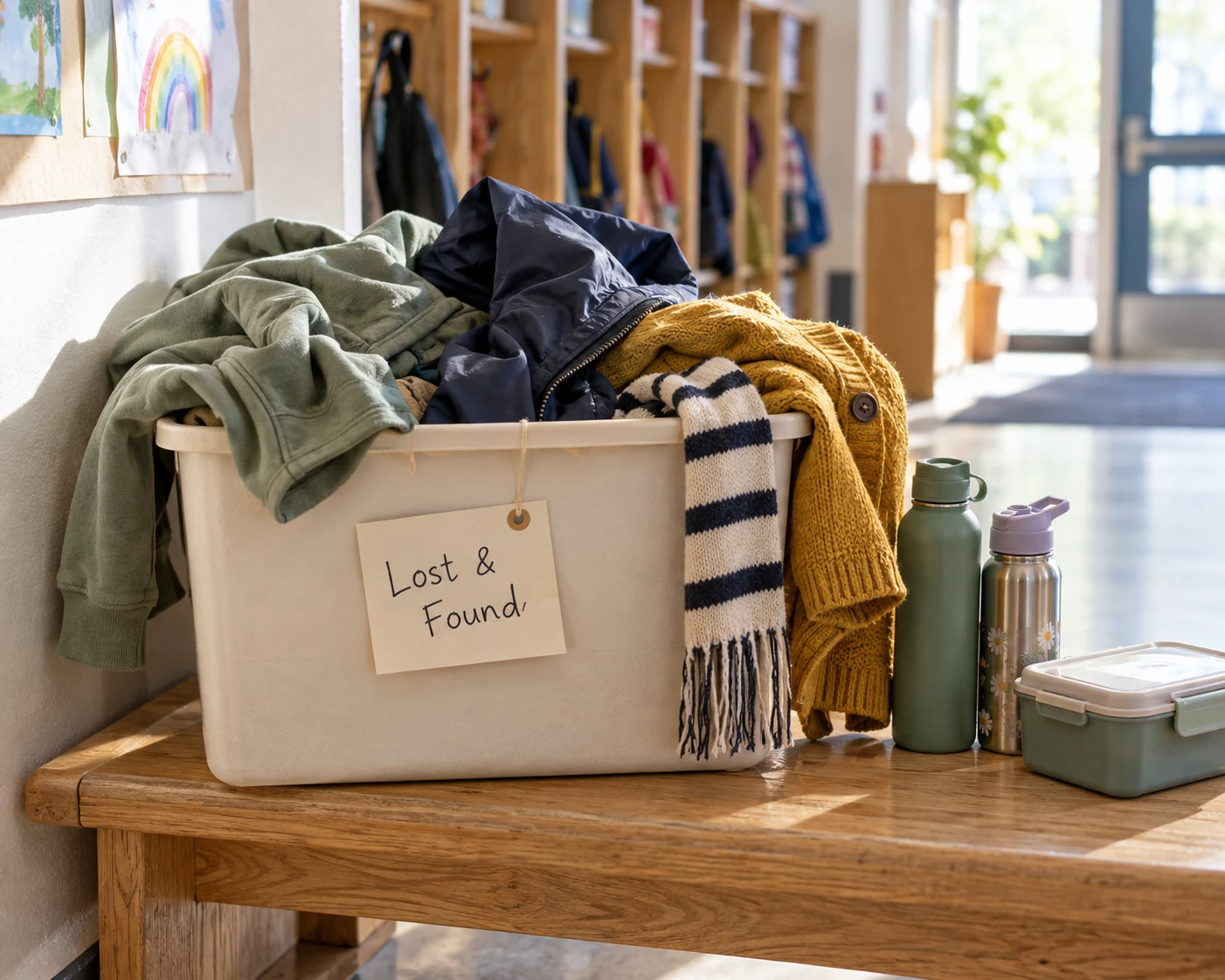 Unclaimed jackets, bottles, and a lunch box at a school lost-and-found bench