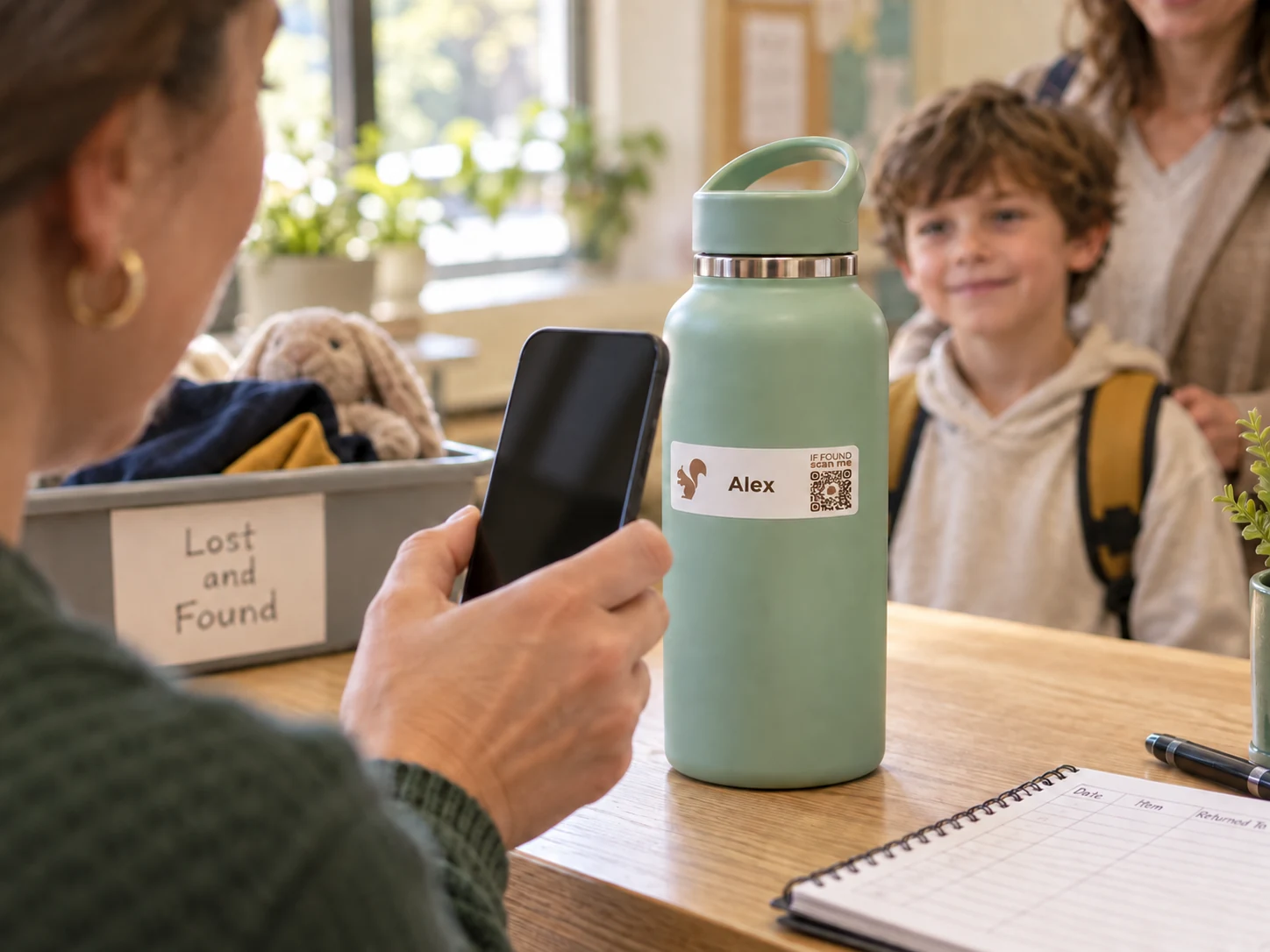 A staff member holding a phone beside a SQRL-labeled bottle at a school lost-and-found counter
