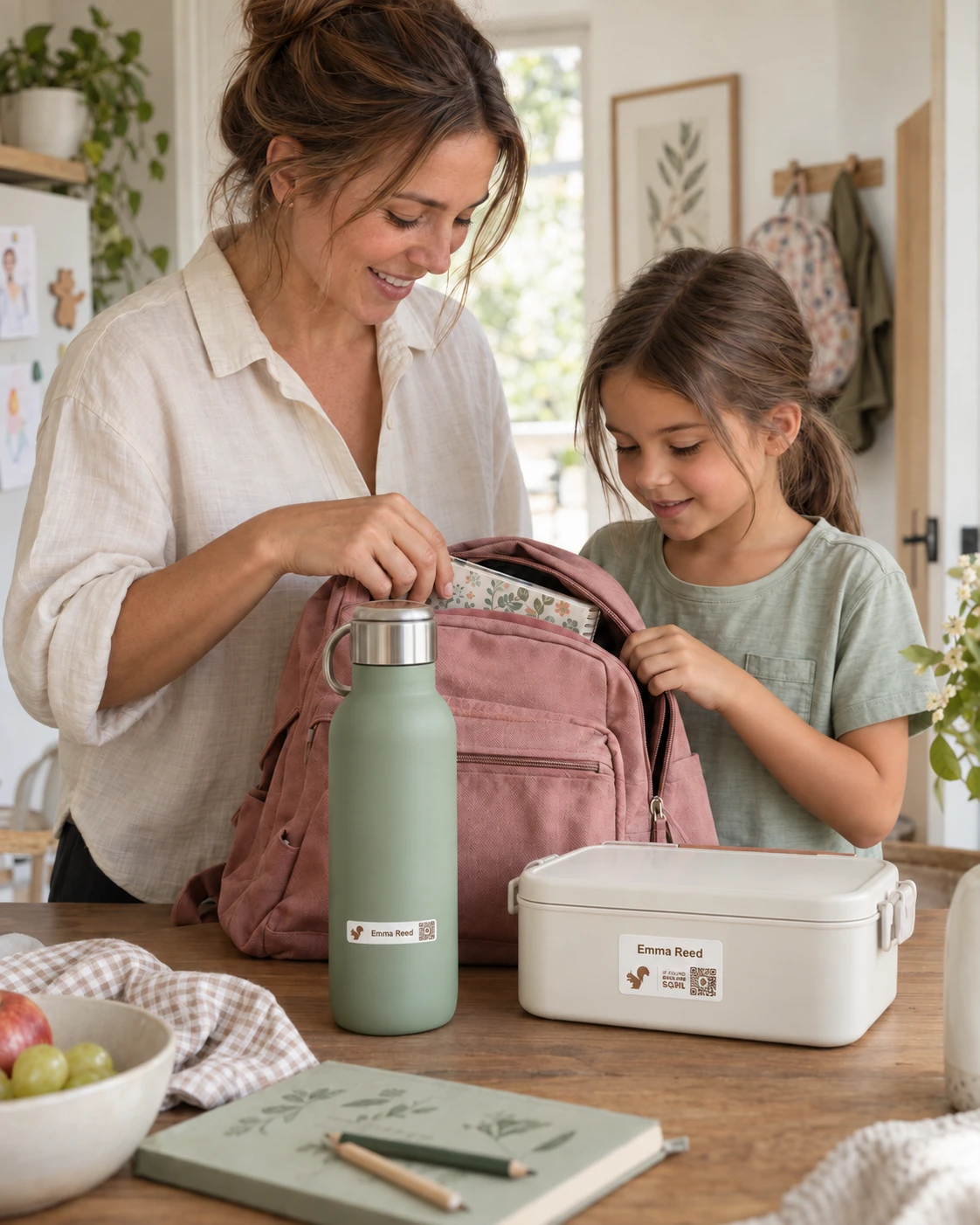 A mother and daughter pack a school bag beside a sage water bottle and lunchbox with small personalized SQRL labels.