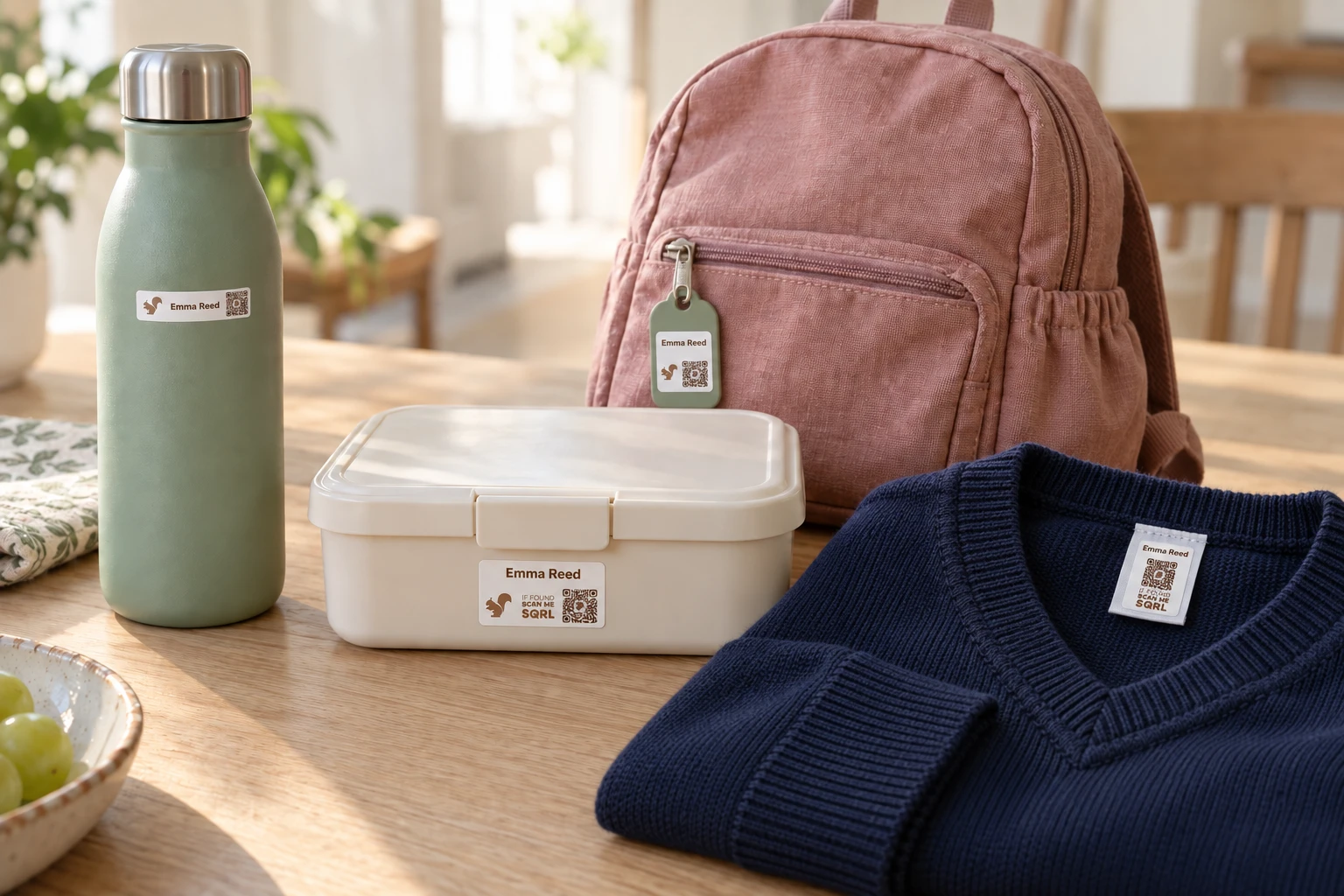 A labeled water bottle and lunchbox beside a backpack with a SQRL zipper tag and a navy school sweater with a small label inside its neckline.