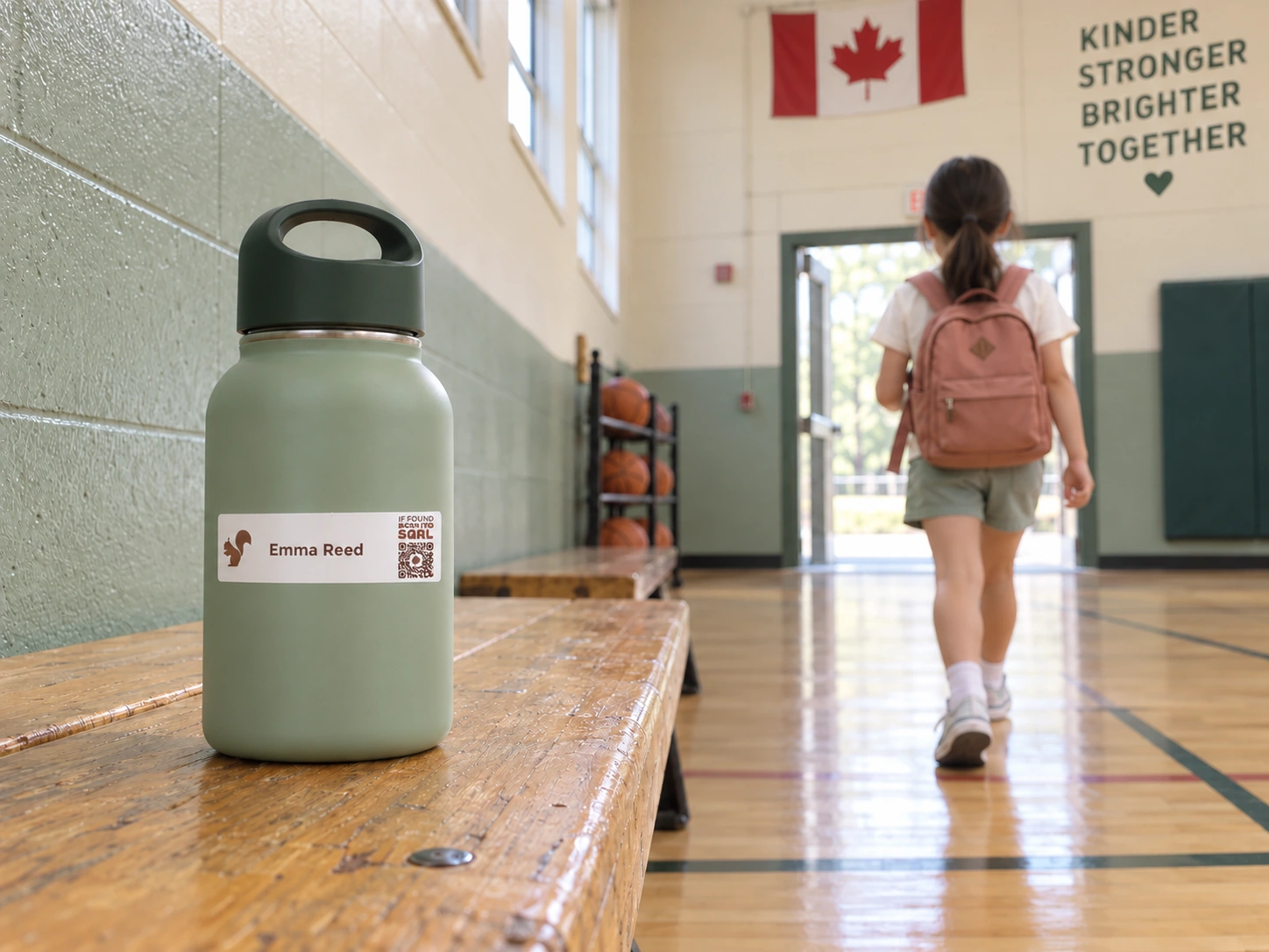 Emma, an Asian girl, leaves her labeled sage water bottle on the school gym bench.