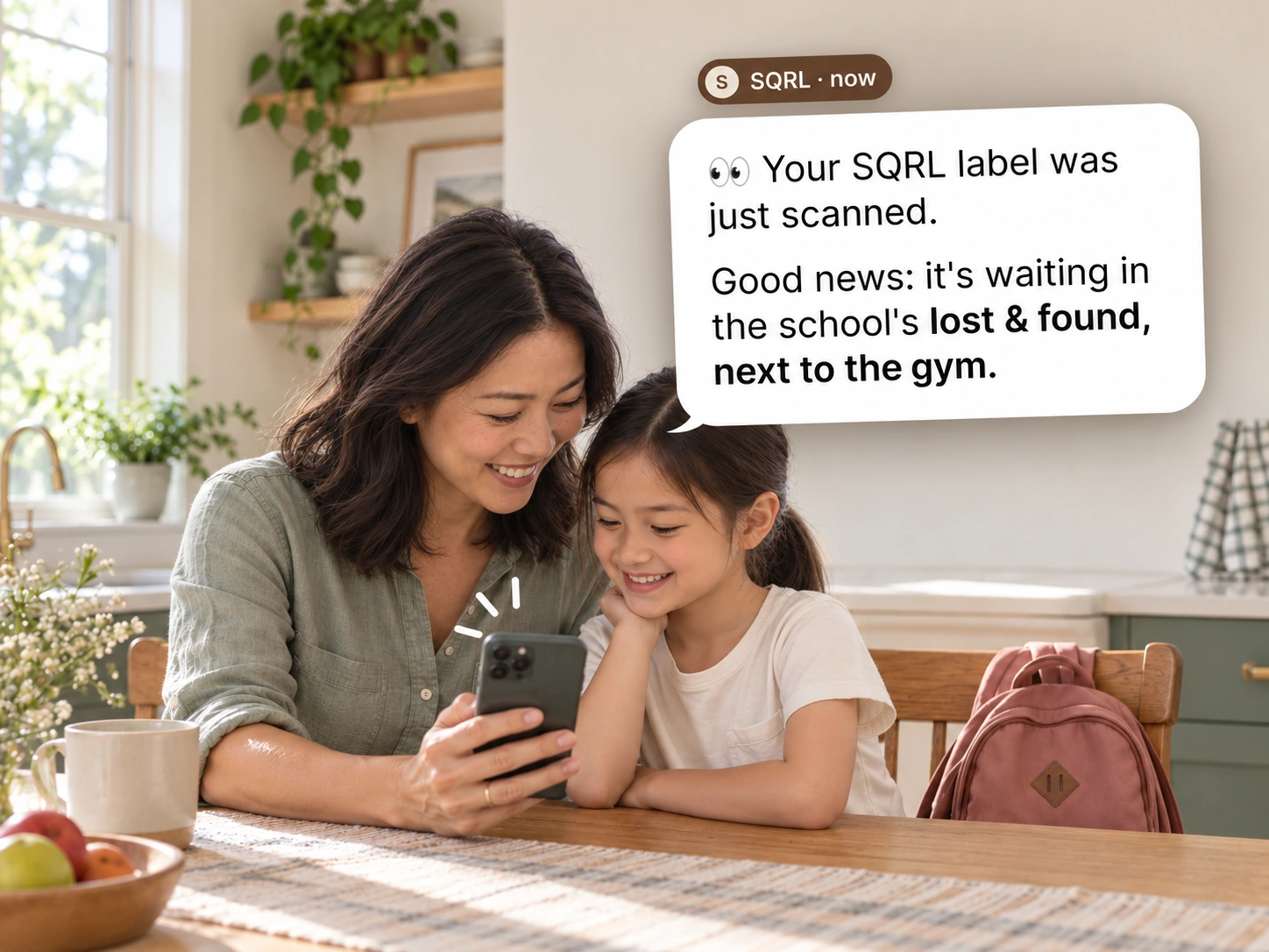 Emma and her Asian mom receive a SQRL scan notification at home, directing them to the school’s lost & found next to the gym.