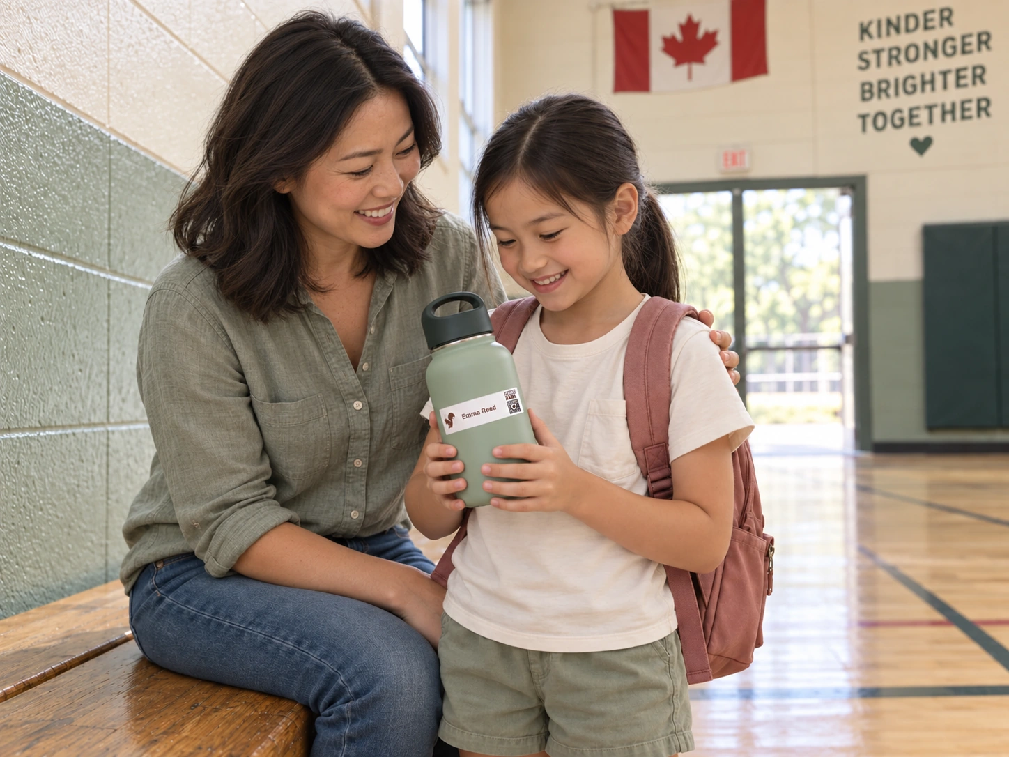 Emma and her Asian mom reunite with her labeled water bottle at school.